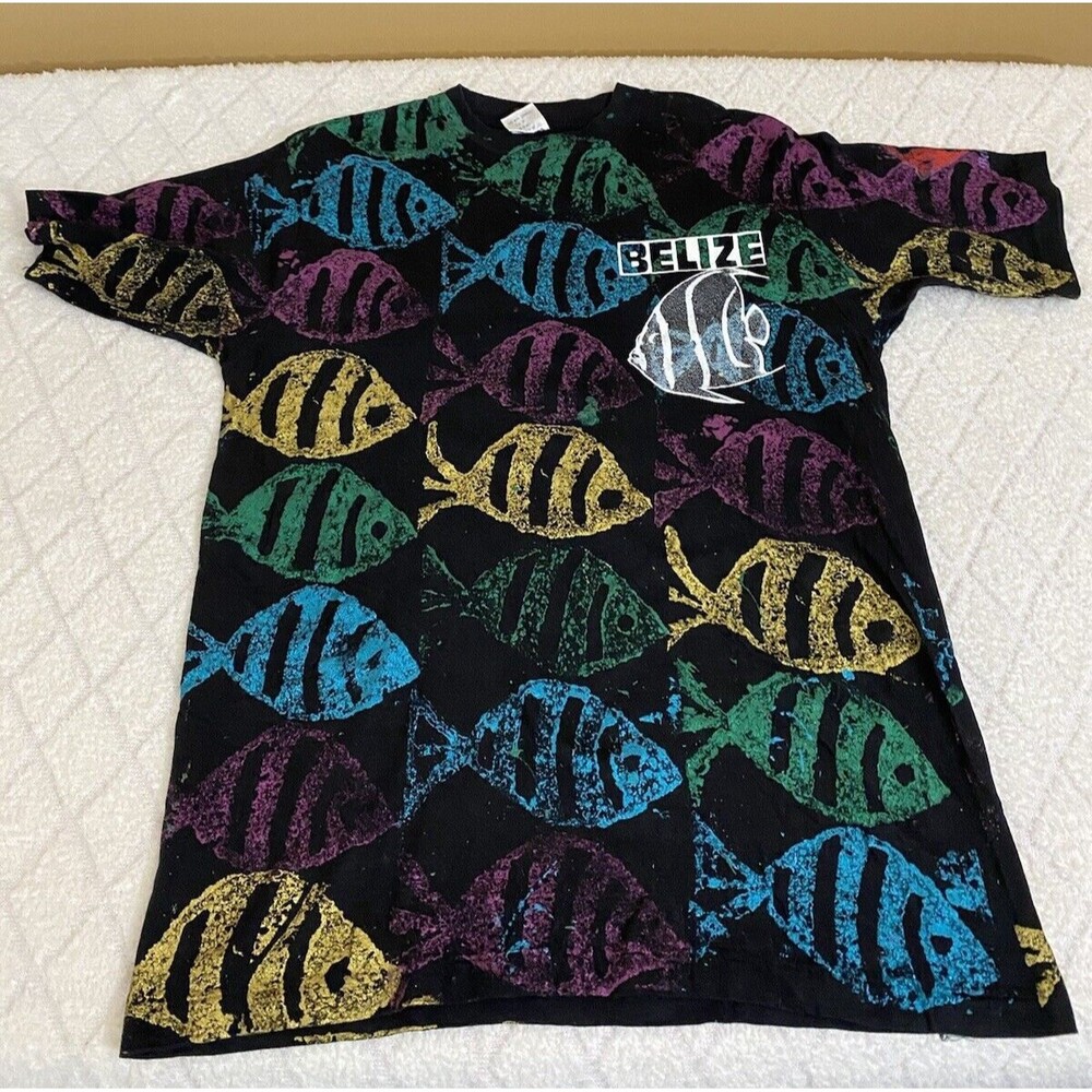Vintage Tropics Sportswear AOP Belize Paint Like Sparkle Fish Men’s Size XL